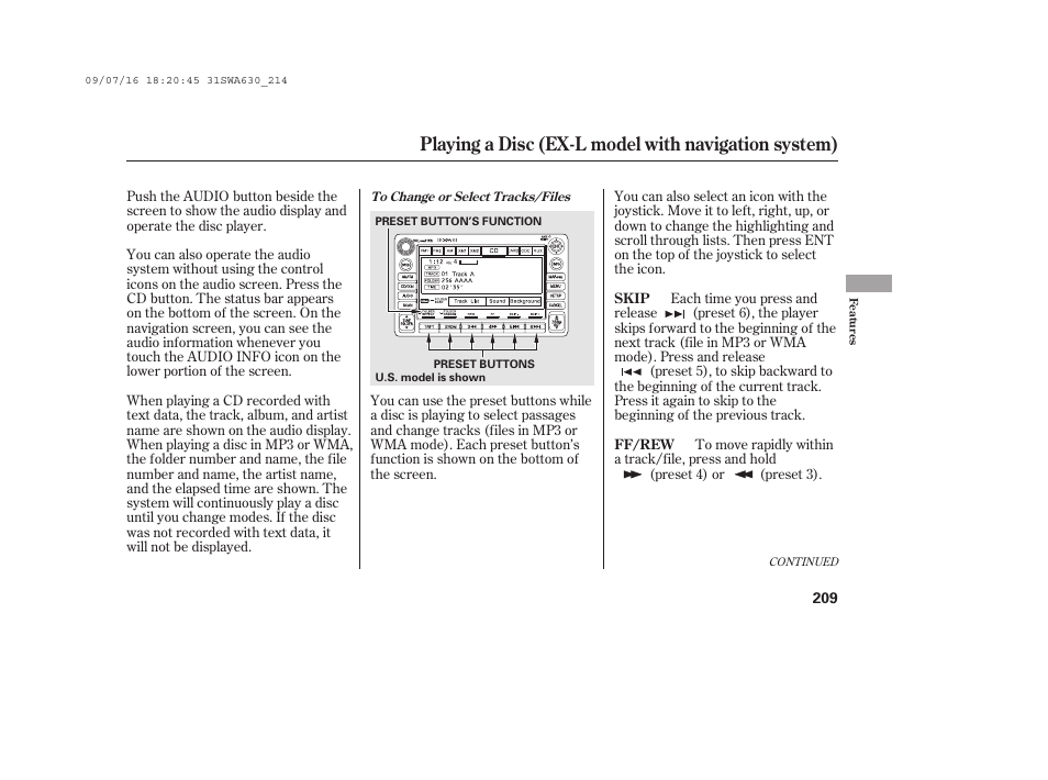 Playing a disc (ex-l model with navigation system) | HONDA 2010 CR-V User Manual | Page 215 / 446