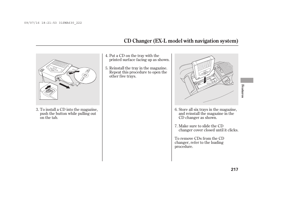 Cd changer (ex-l model with navigation system) | HONDA 2010 CR-V User Manual | Page 223 / 446