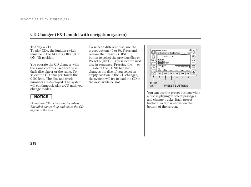 Cd changer (ex-l model with navigation system) | HONDA 2010 CR-V User Manual | Page 224 / 446