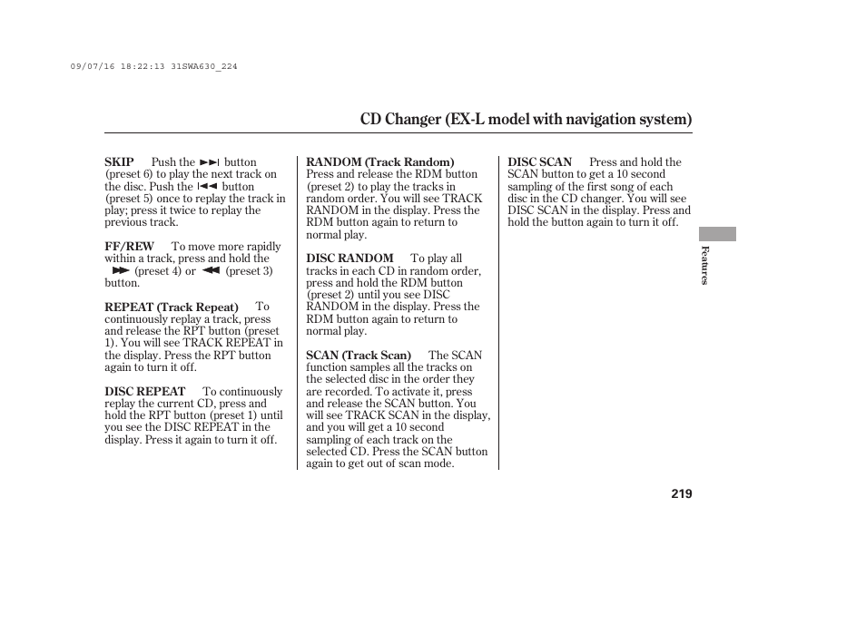Cd changer (ex-l model with navigation system) | HONDA 2010 CR-V User Manual | Page 225 / 446