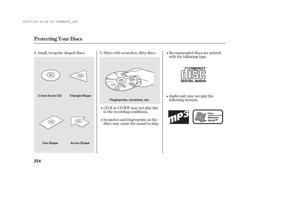 Protecting your discs | HONDA 2010 CR-V User Manual | Page 260 / 446