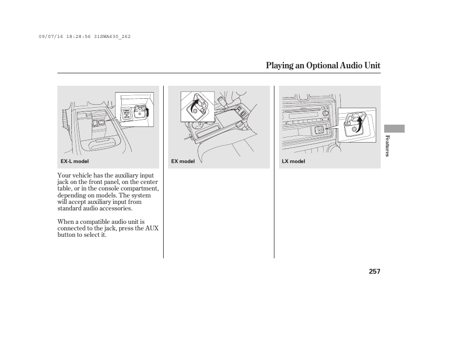 Playing an optional audio unit | HONDA 2010 CR-V User Manual | Page 263 / 446