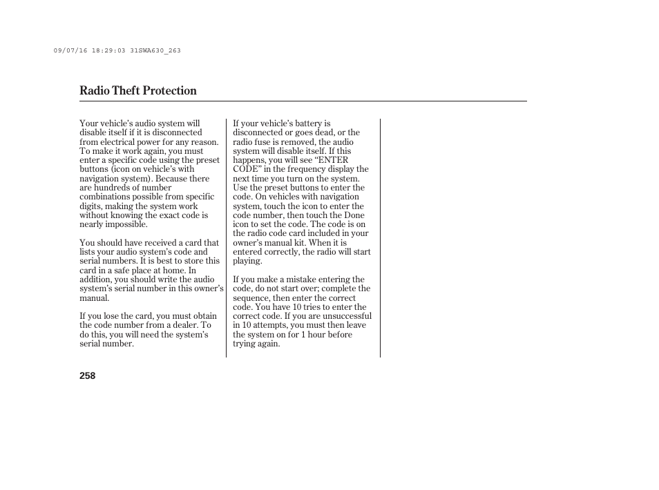 Radio theft protection | HONDA 2010 CR-V User Manual | Page 264 / 446