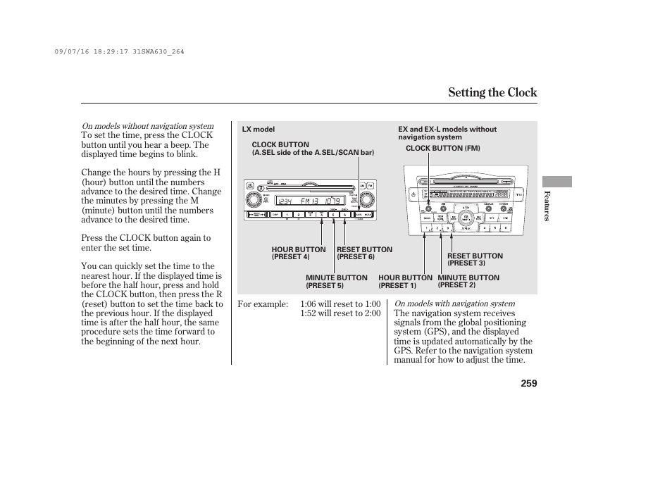 Setting the clock | HONDA 2010 CR-V User Manual | Page 265 / 446