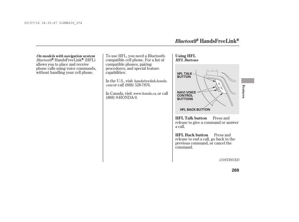 Handsfreelink, Bluetooth | HONDA 2010 CR-V User Manual | Page 275 / 446