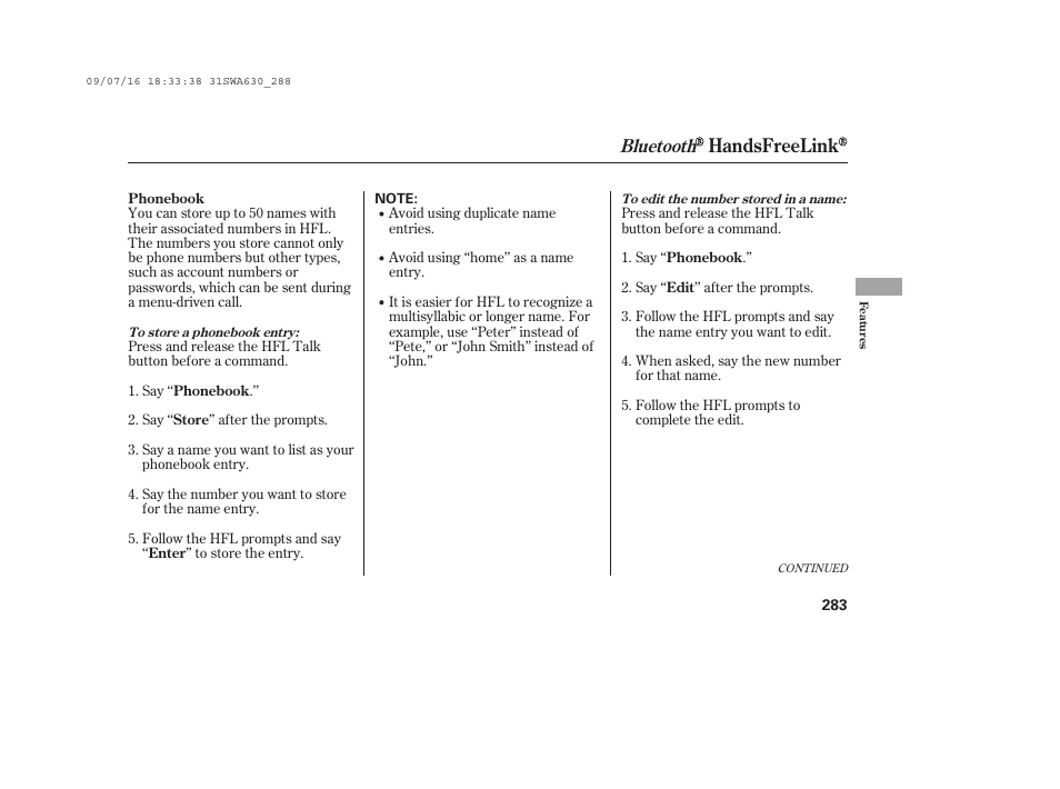 Handsfreelink, Bluetooth | HONDA 2010 CR-V User Manual | Page 289 / 446
