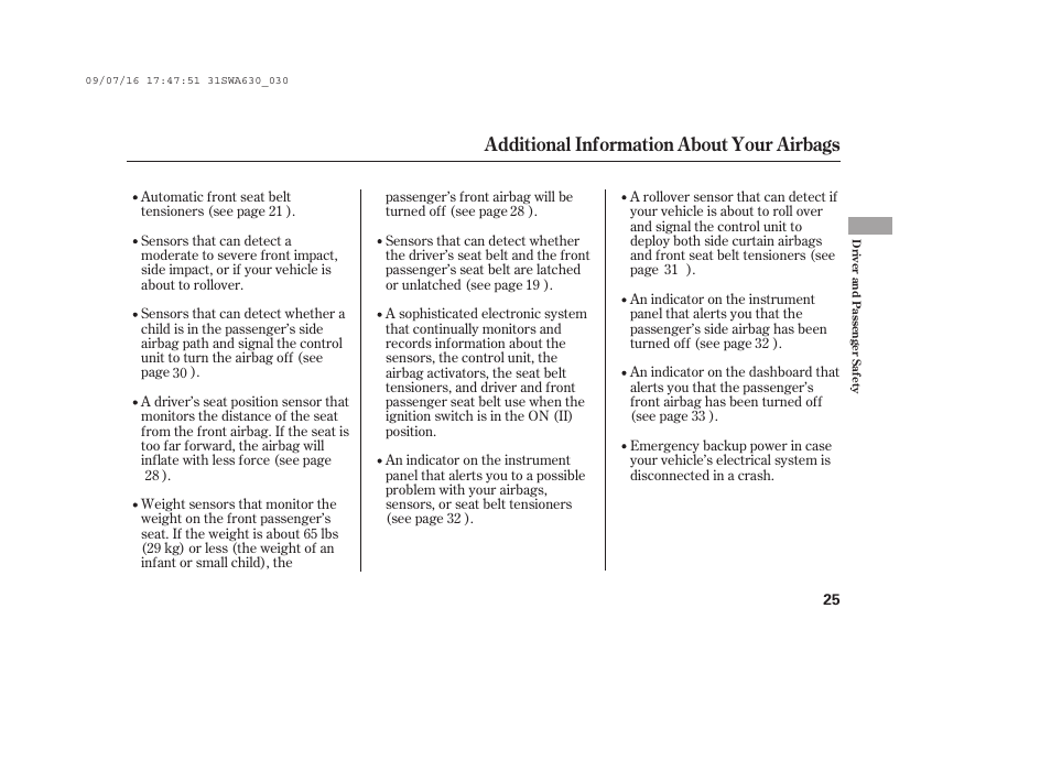 Additional information about your airbags | HONDA 2010 CR-V User Manual | Page 31 / 446