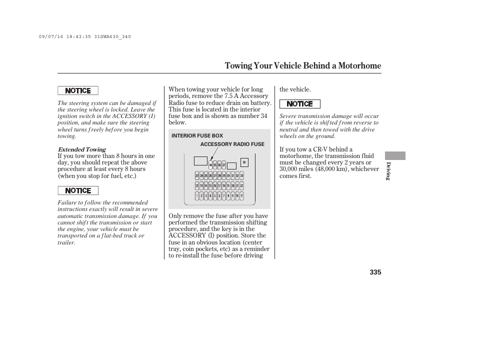 Towing your vehicle behind a motorhome | HONDA 2010 CR-V User Manual | Page 341 / 446