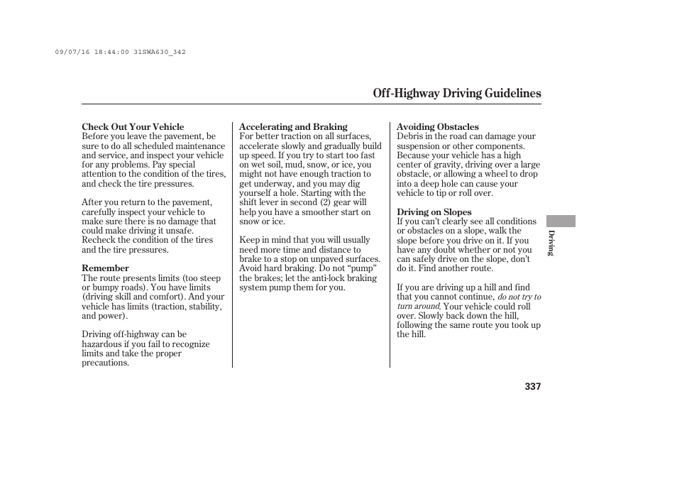 Off-highway driving guidelines | HONDA 2010 CR-V User Manual | Page 343 / 446