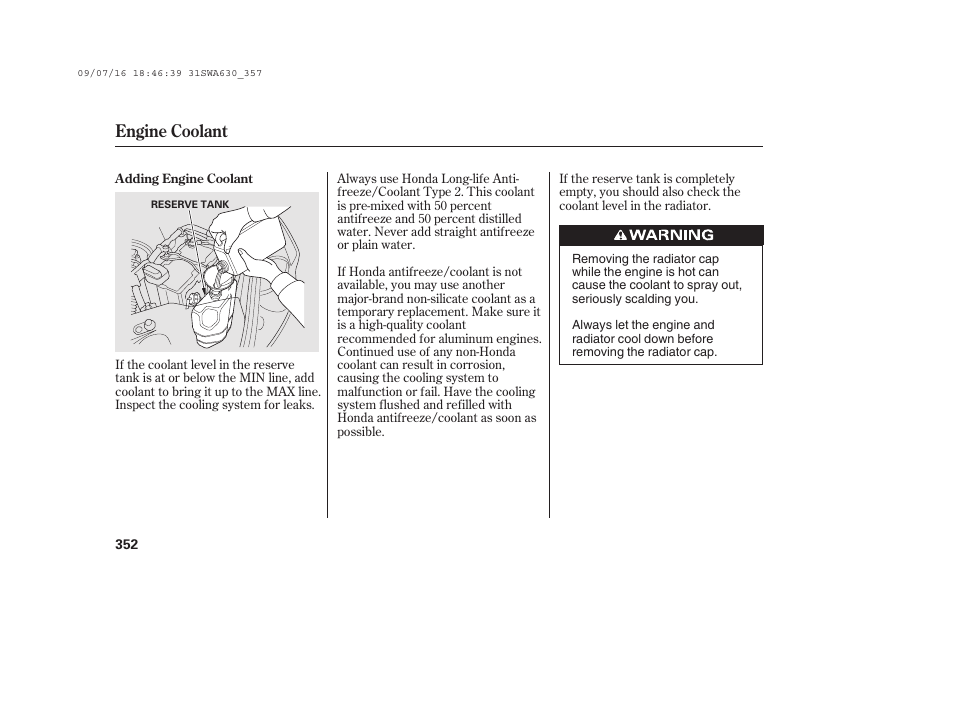 Engine coolant | HONDA 2010 CR-V User Manual | Page 358 / 446