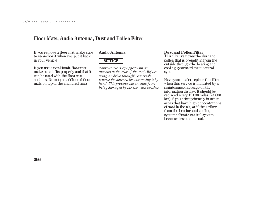 Floor mats, audio antenna, dust and pollen filter | HONDA 2010 CR-V User Manual | Page 372 / 446