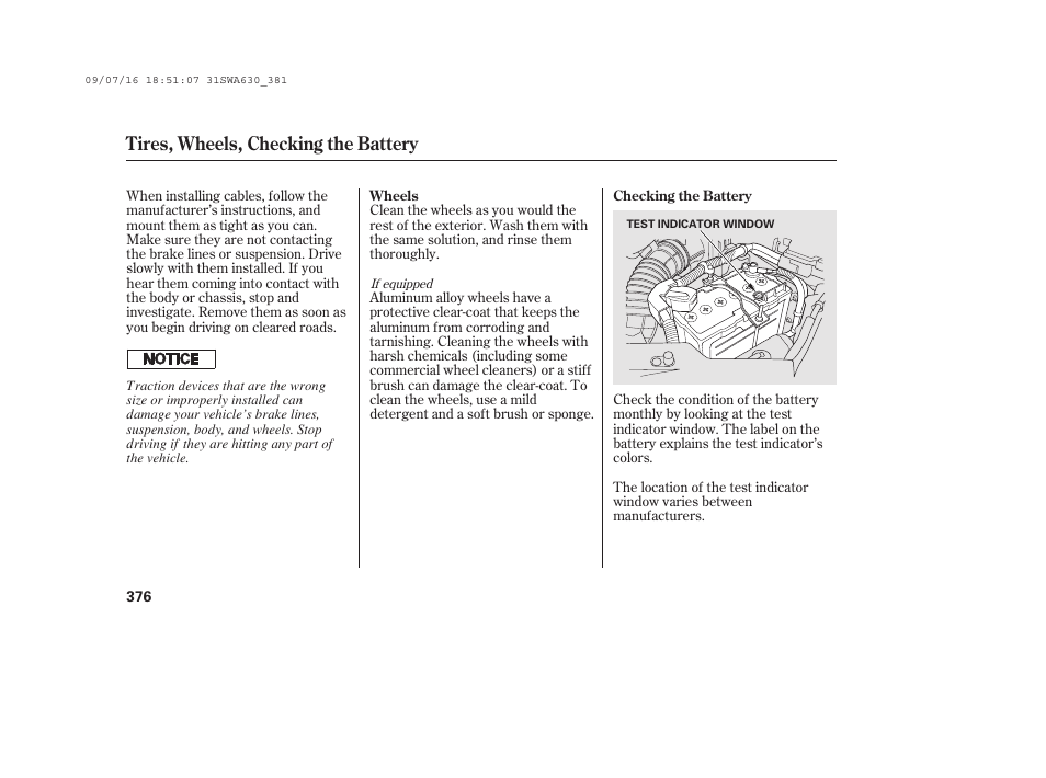 Tires, wheels, checking the battery | HONDA 2010 CR-V User Manual | Page 382 / 446