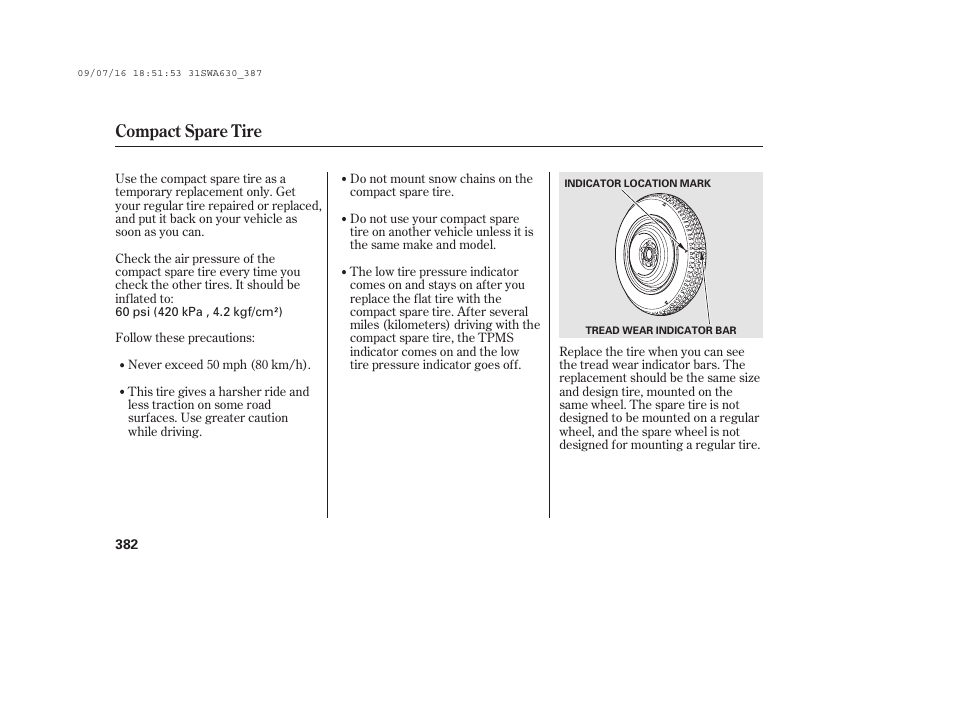 Compact spare tire | HONDA 2010 CR-V User Manual | Page 388 / 446