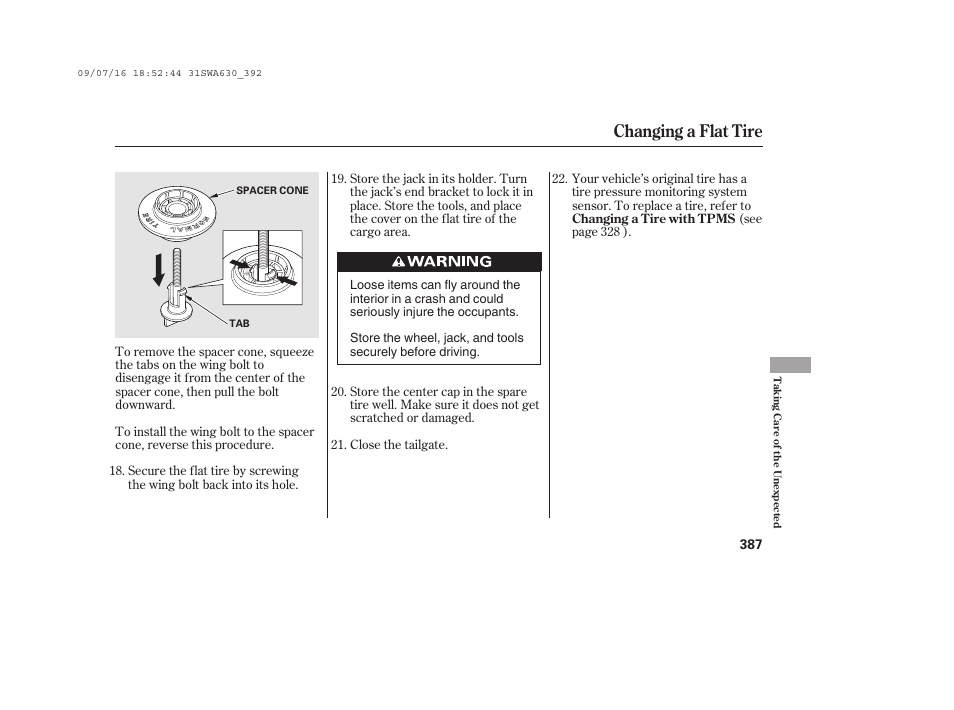 Changing a flat tire | HONDA 2010 CR-V User Manual | Page 393 / 446