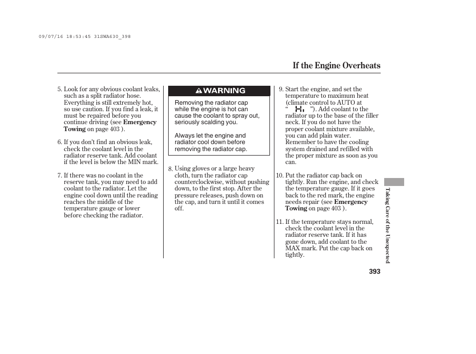 If the engine overheats | HONDA 2010 CR-V User Manual | Page 399 / 446