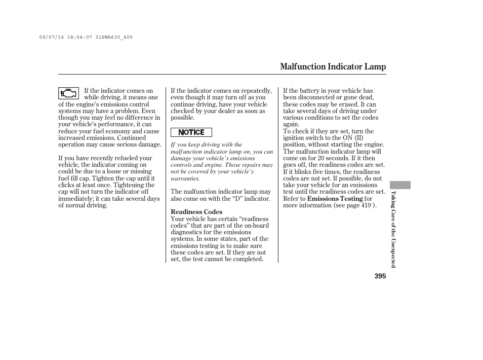 Malfunction indicator lamp | HONDA 2010 CR-V User Manual | Page 401 / 446