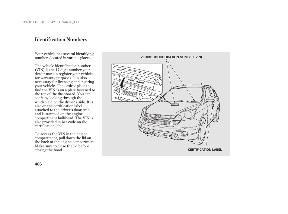 Identification numbers | HONDA 2010 CR-V User Manual | Page 412 / 446
