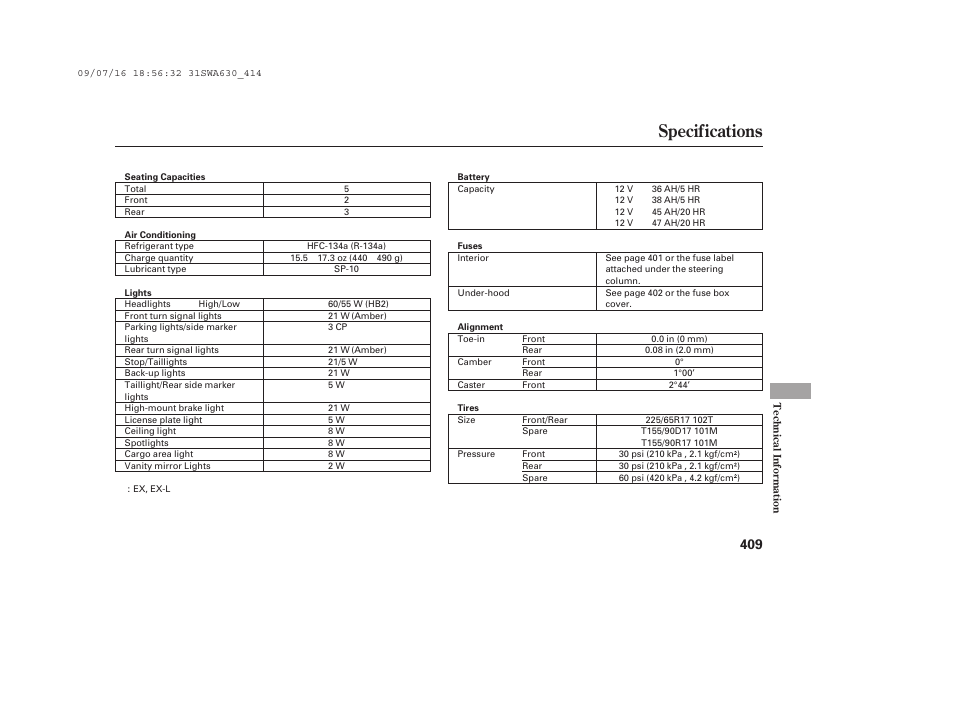 Specifications | HONDA 2010 CR-V User Manual | Page 415 / 446