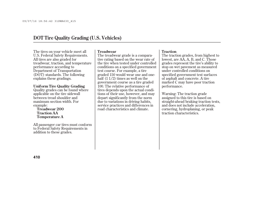 Dot tire quality grading (u.s. vehicles) | HONDA 2010 CR-V User Manual | Page 416 / 446