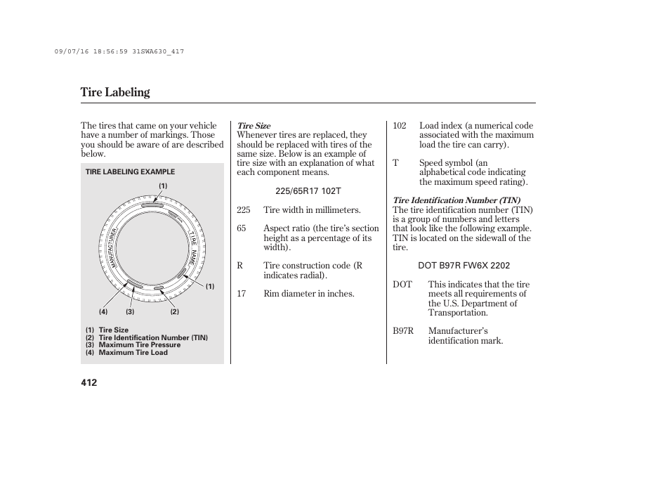 Tire labeling | HONDA 2010 CR-V User Manual | Page 418 / 446