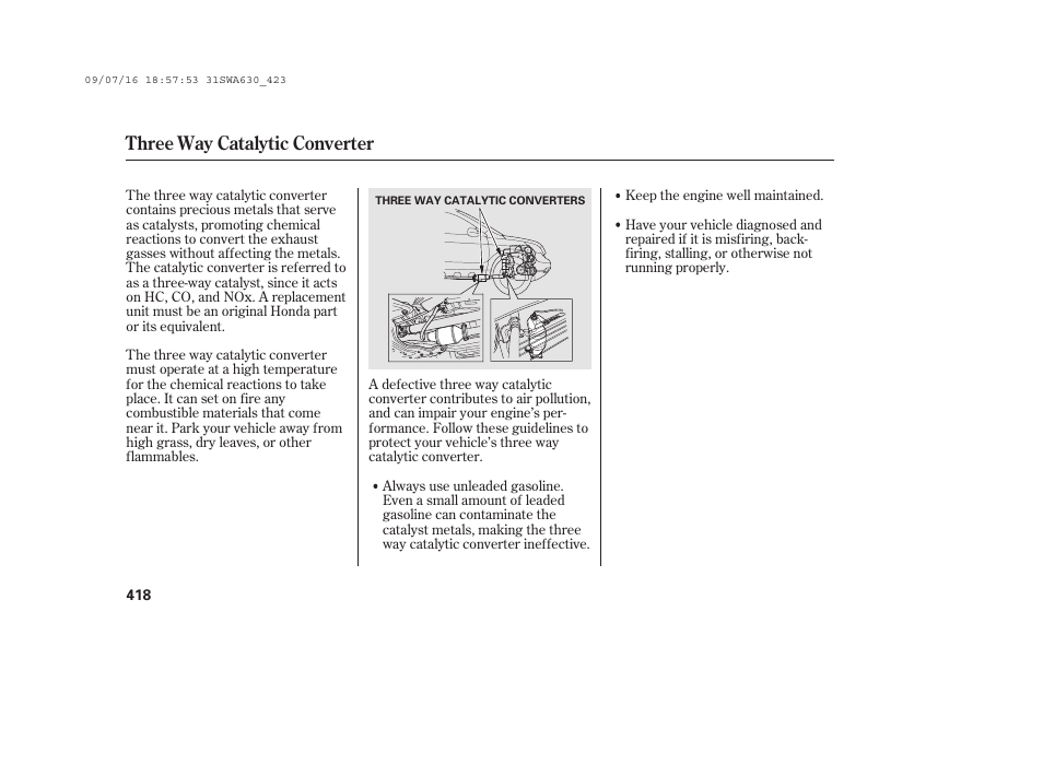 Three way catalytic converter | HONDA 2010 CR-V User Manual | Page 424 / 446