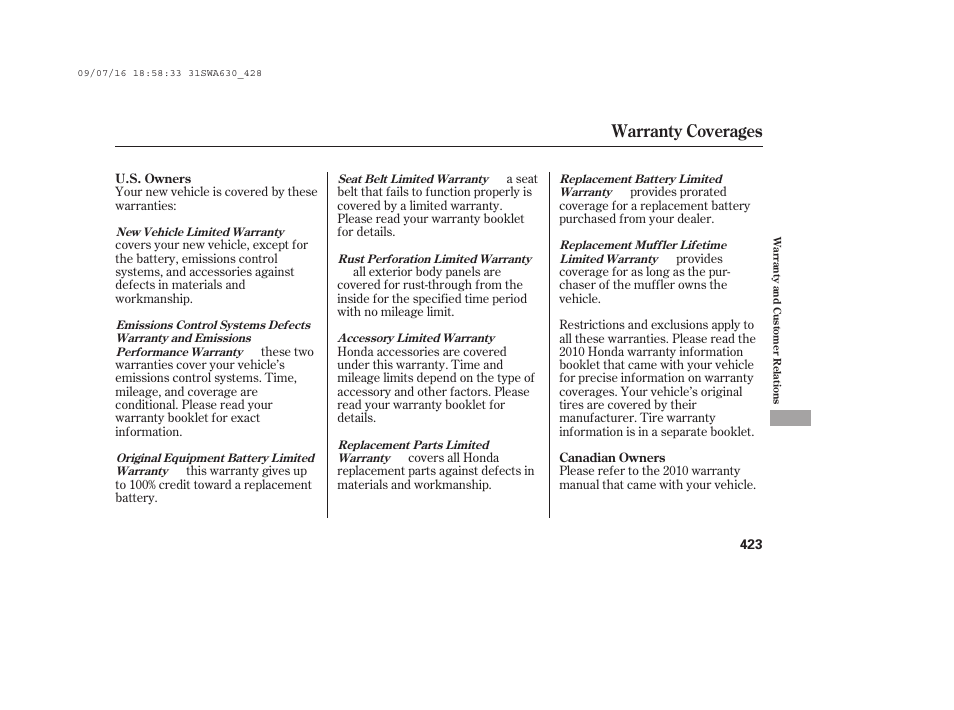 Warranty coverages | HONDA 2010 CR-V User Manual | Page 429 / 446