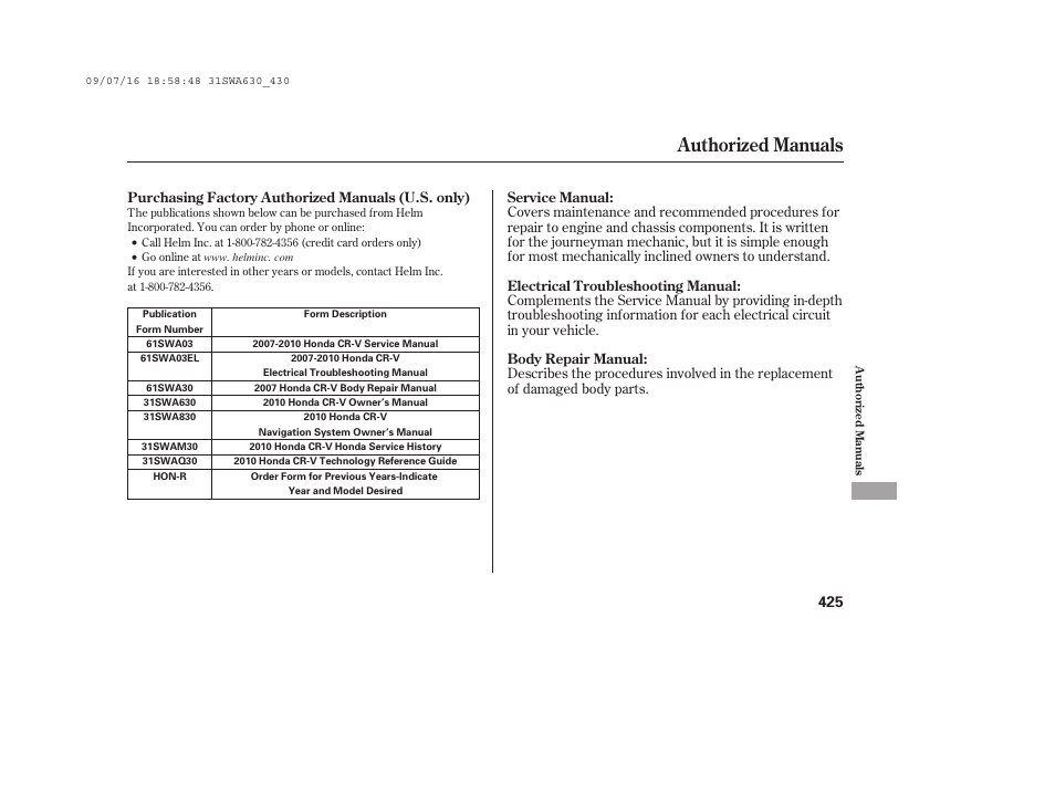 Authorized manuals | HONDA 2010 CR-V User Manual | Page 431 / 446