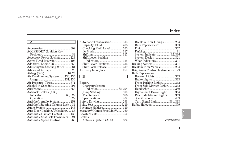 Index | HONDA 2010 CR-V User Manual | Page 433 / 446