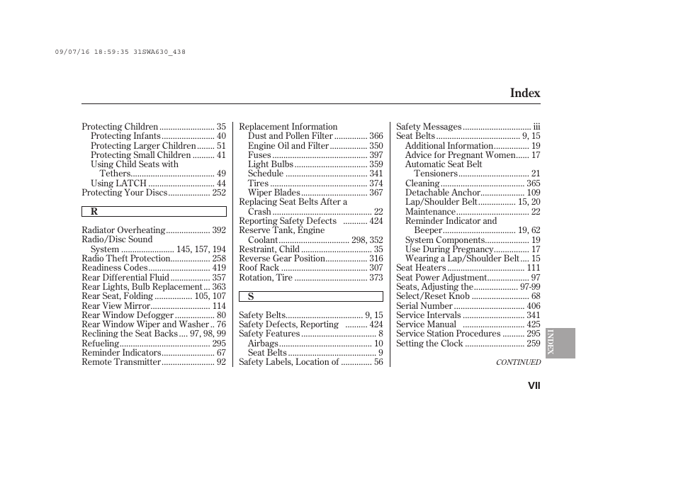 Index | HONDA 2010 CR-V User Manual | Page 439 / 446