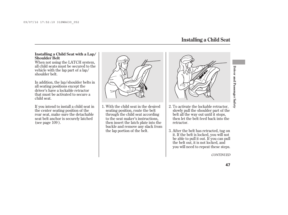 Installing a child seat | HONDA 2010 CR-V User Manual | Page 53 / 446