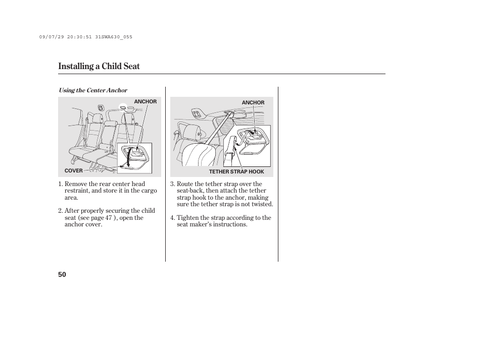 Installing a child seat | HONDA 2010 CR-V User Manual | Page 56 / 446