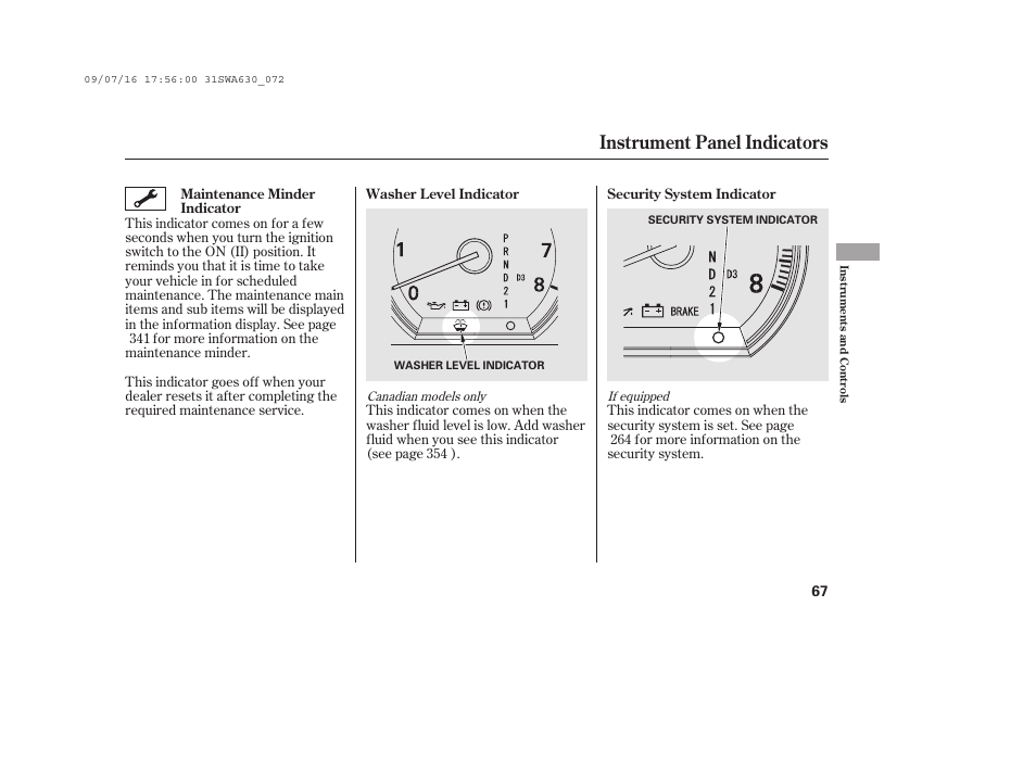 Instrument panel indicators | HONDA 2010 CR-V User Manual | Page 73 / 446