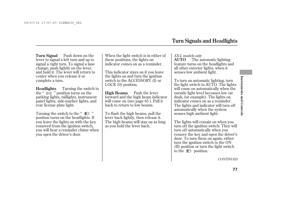 Turn signals and headlights | HONDA 2010 CR-V User Manual | Page 83 / 446