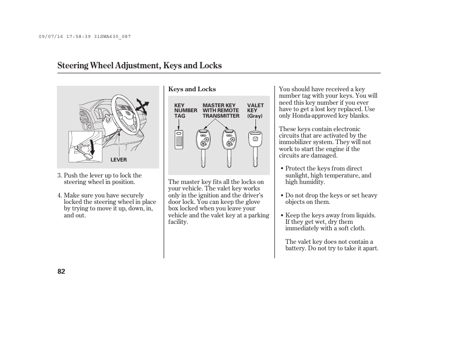 Steering wheel adjustment, keys and locks | HONDA 2010 CR-V User Manual | Page 88 / 446
