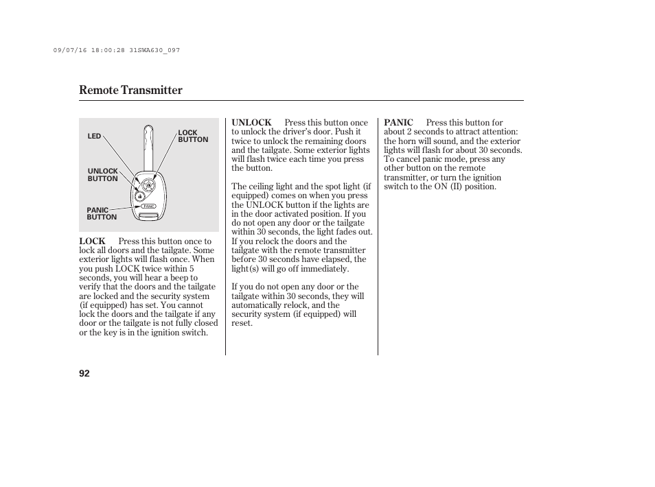 Remote transmitter | HONDA 2010 CR-V User Manual | Page 98 / 446