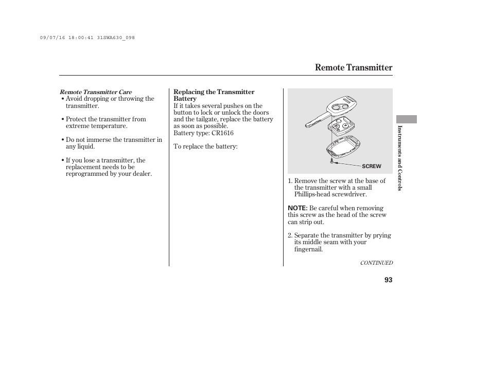 Remote transmitter | HONDA 2010 CR-V User Manual | Page 99 / 446