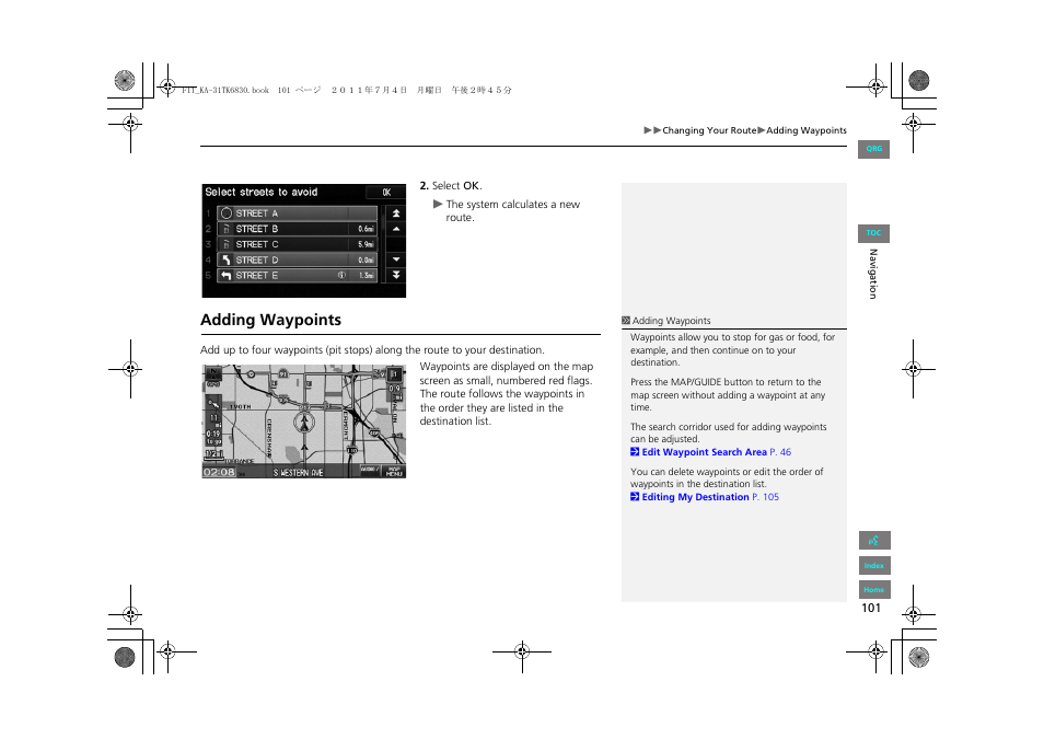 Adding waypoints, P101) | HONDA 2012 Fit Navigation User Manual | Page 102 / 198