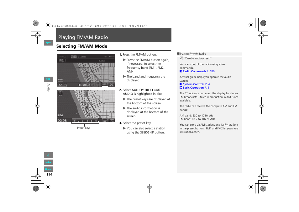 Playing fm/am radio, Selecting fm/am mode, P114) | HONDA 2012 Fit Navigation User Manual | Page 115 / 198