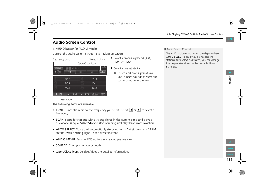 Audio screen control | HONDA 2012 Fit Navigation User Manual | Page 116 / 198