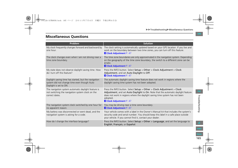 Miscellaneous questions | HONDA 2012 Fit Navigation User Manual | Page 166 / 198