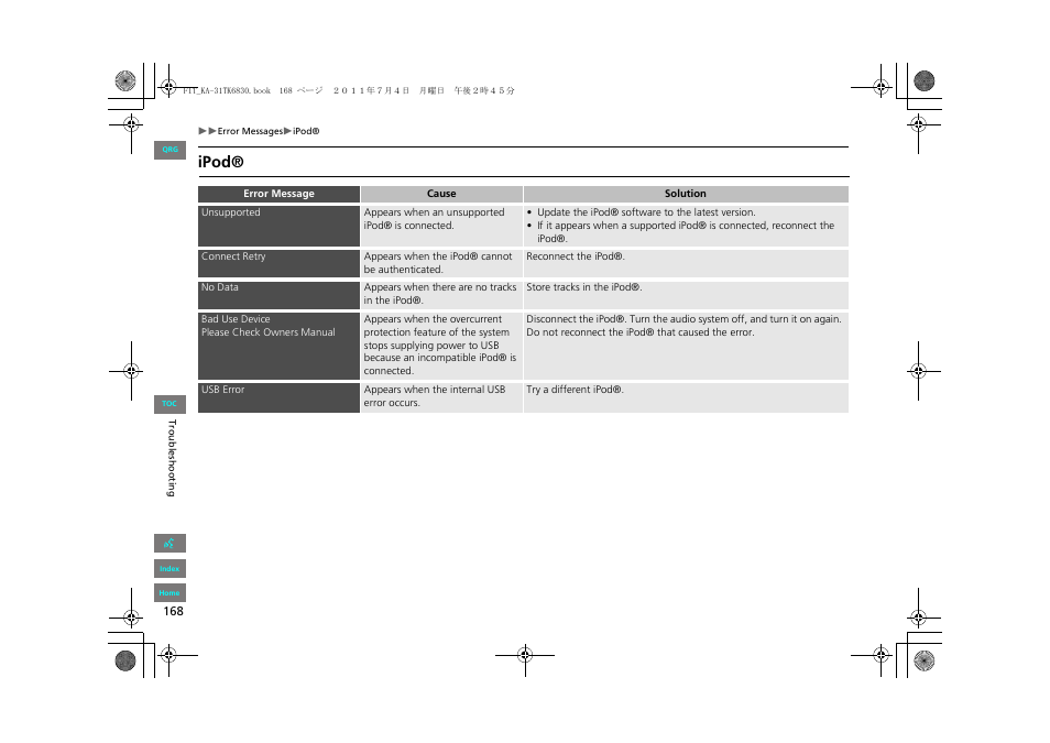 Ipod | HONDA 2012 Fit Navigation User Manual | Page 169 / 198