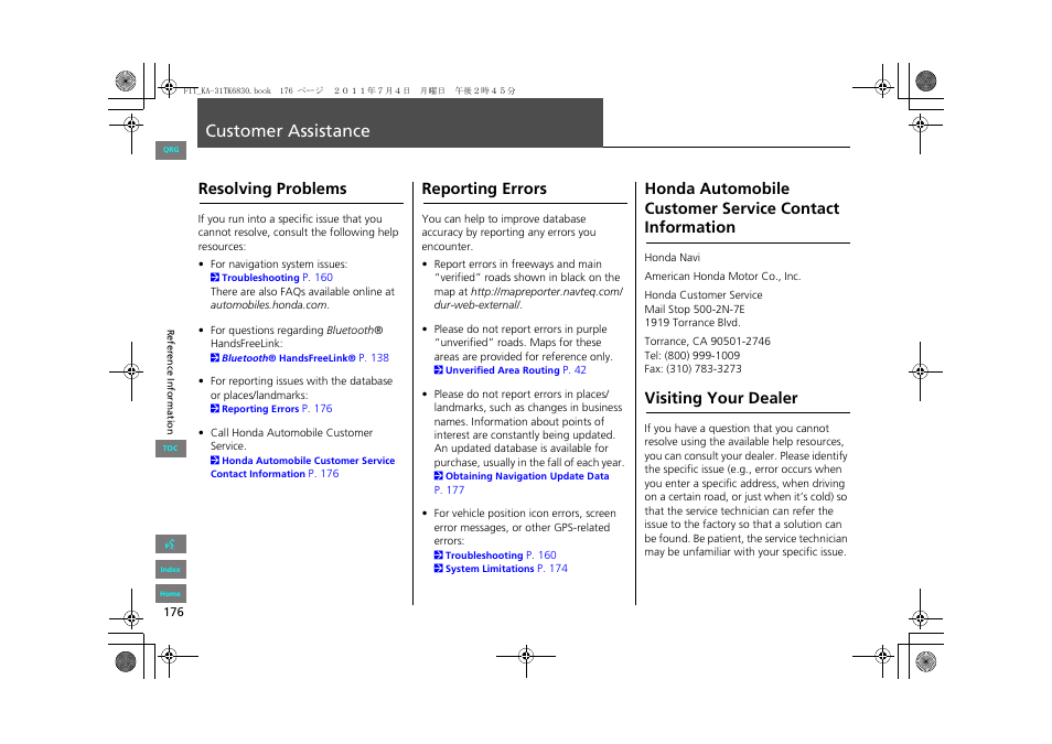 Customer assistance, Resolving problems, Reporting errors | Visiting your dealer, 2 reporting errors p. 176, Customer, Assistance, Honda automobile customer service, Contact, Information | HONDA 2012 Fit Navigation User Manual | Page 177 / 198