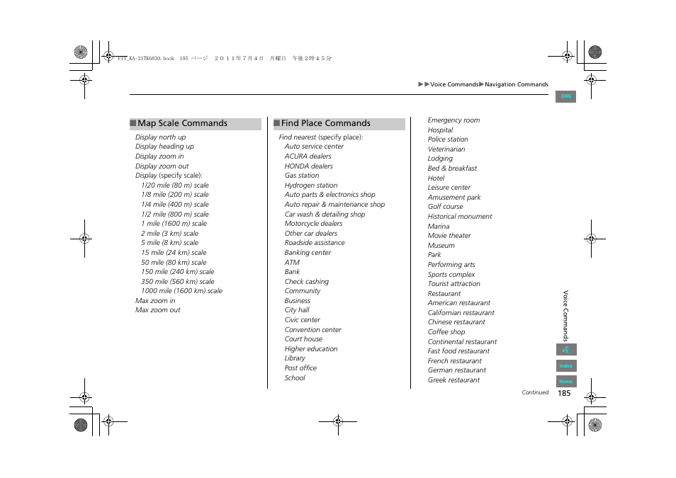2 map scale commands p. 185 | HONDA 2012 Fit Navigation User Manual | Page 186 / 198