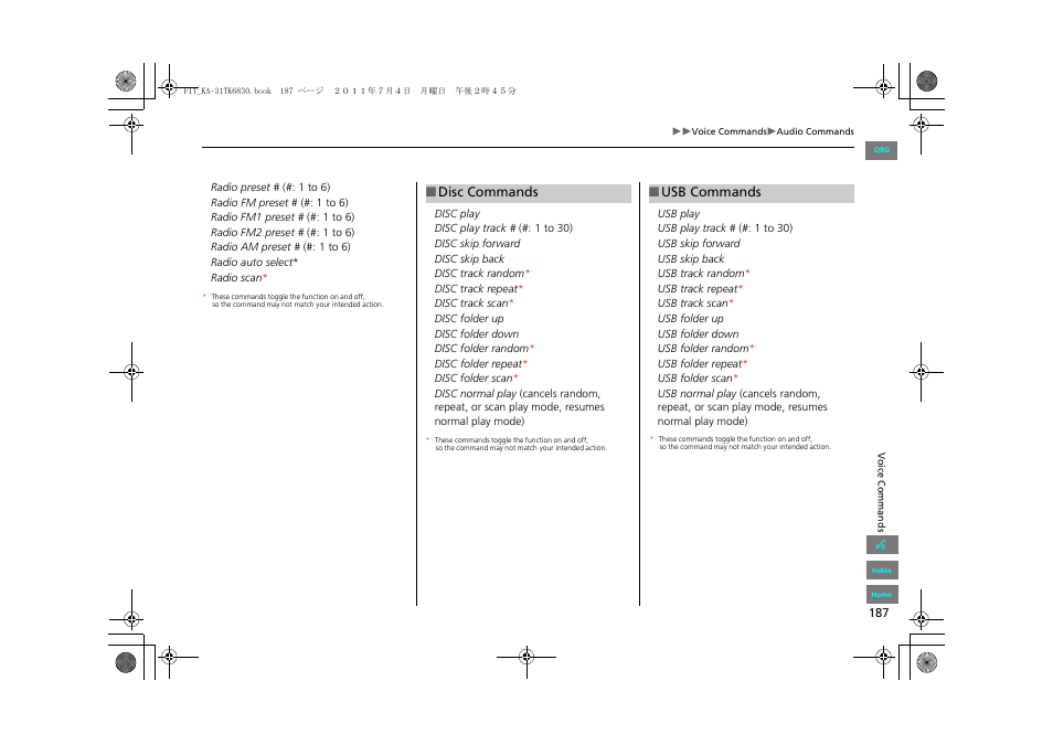 2 disc commands p. 187, 2 usb commands p. 187 | HONDA 2012 Fit Navigation User Manual | Page 188 / 198