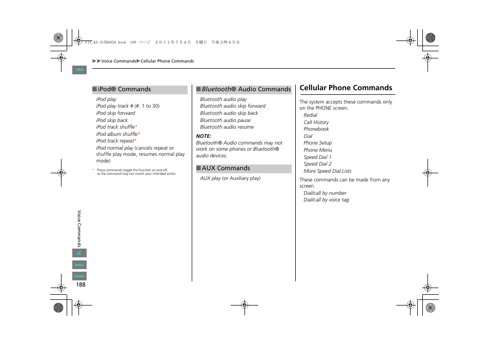 Cellular phone commands, Commands, 2 ipod® commands p. 188 | 2 bluetooth ® audio commands p. 188 | HONDA 2012 Fit Navigation User Manual | Page 189 / 198