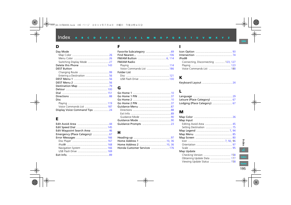 Index | HONDA 2012 Fit Navigation User Manual | Page 196 / 198