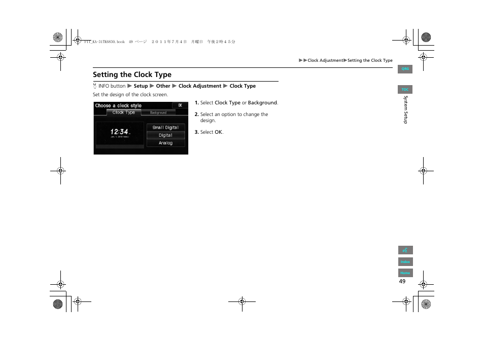 Setting the clock type, 2 setting the clock type p. 49 | HONDA 2012 Fit Navigation User Manual | Page 50 / 198