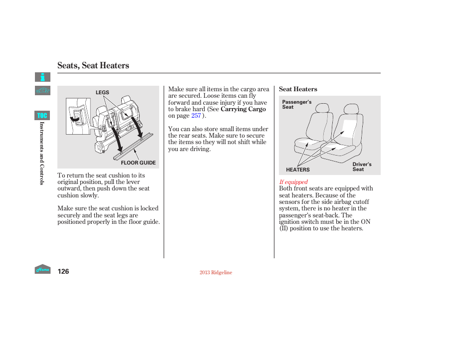 Seat heaters, P.126), Seats, seat heaters | HONDA 2013 Ridgeline User Manual | Page 131 / 422