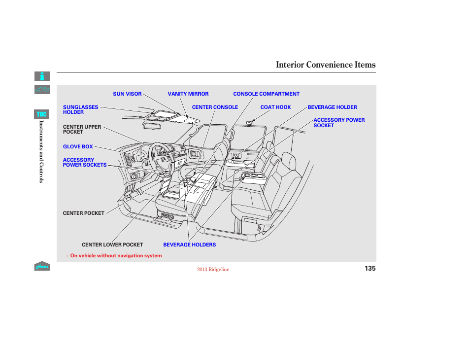 Interior convenience items | HONDA 2013 Ridgeline User Manual | Page 140 / 422