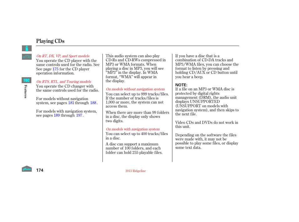 Playing cds | HONDA 2013 Ridgeline User Manual | Page 179 / 422